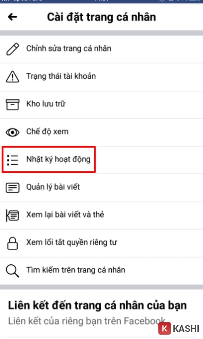 Alt text: Giao diện Nhật ký hoạt động trên ứng dụng Facebook điện thoại