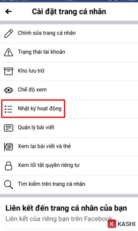 Alt text: Giao diện Nhật ký hoạt động trên ứng dụng Facebook điện thoại