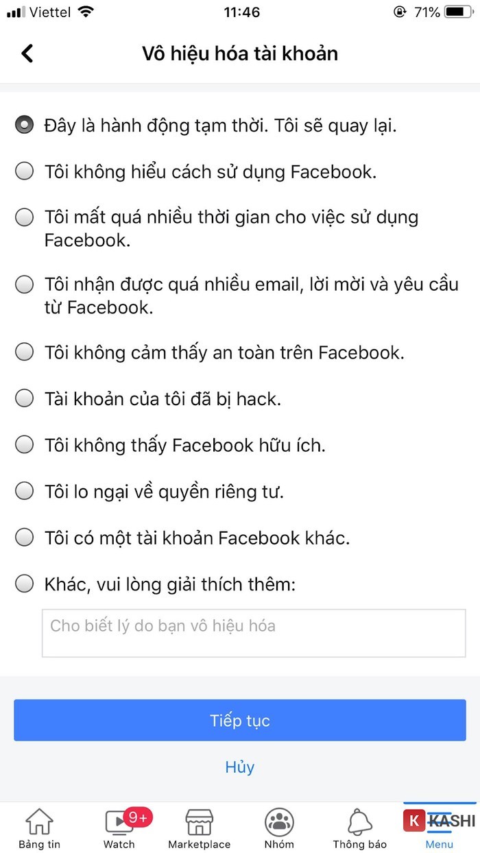 Chọn lý do vô hiệu hóa.