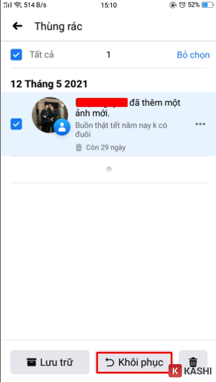 Alt text: Nút Khôi phục bài viết đã xóa trên Facebook