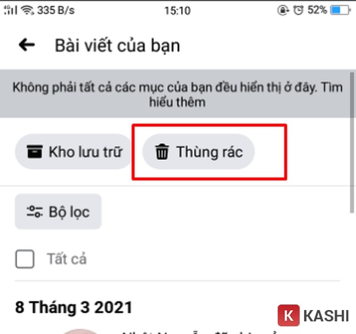 Alt text: Giao diện thùng rác trong Quản lý hoạt động trên Facebook