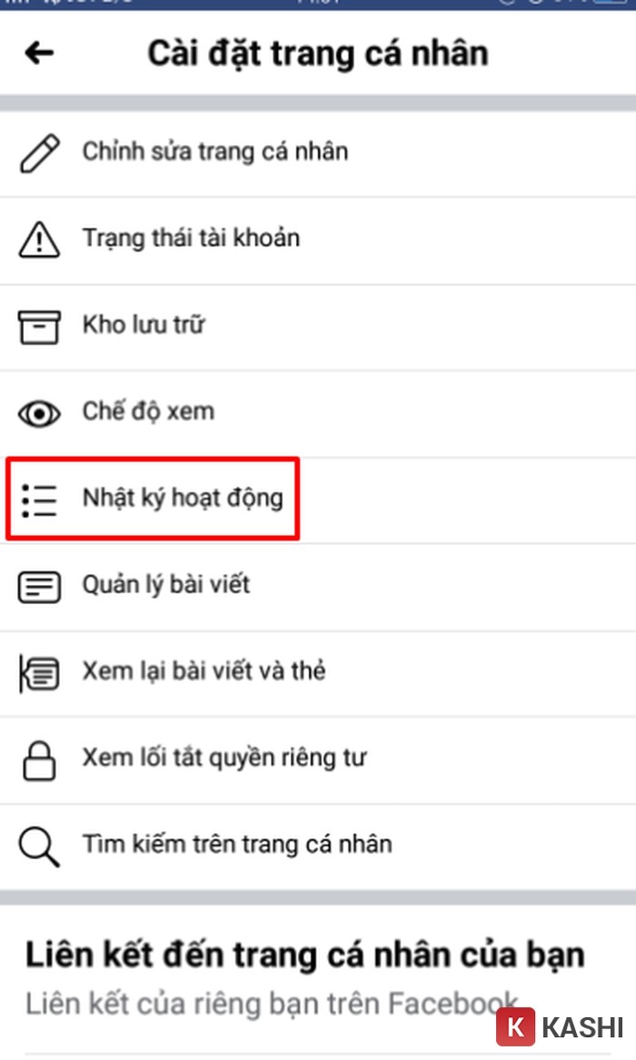 Alt text: Giao diện Nhật ký hoạt động trên ứng dụng Facebook điện thoại
