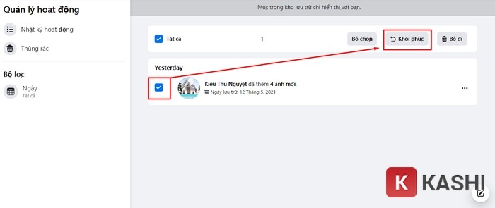 Alt text: Khôi phục bài viết đã xóa trên Facebook máy tính