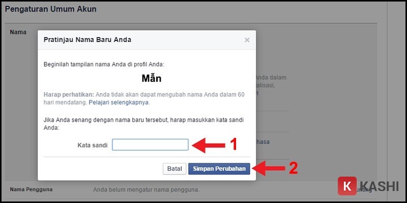 Xác nhận thay đổi tên Facebook bằng mật khẩu