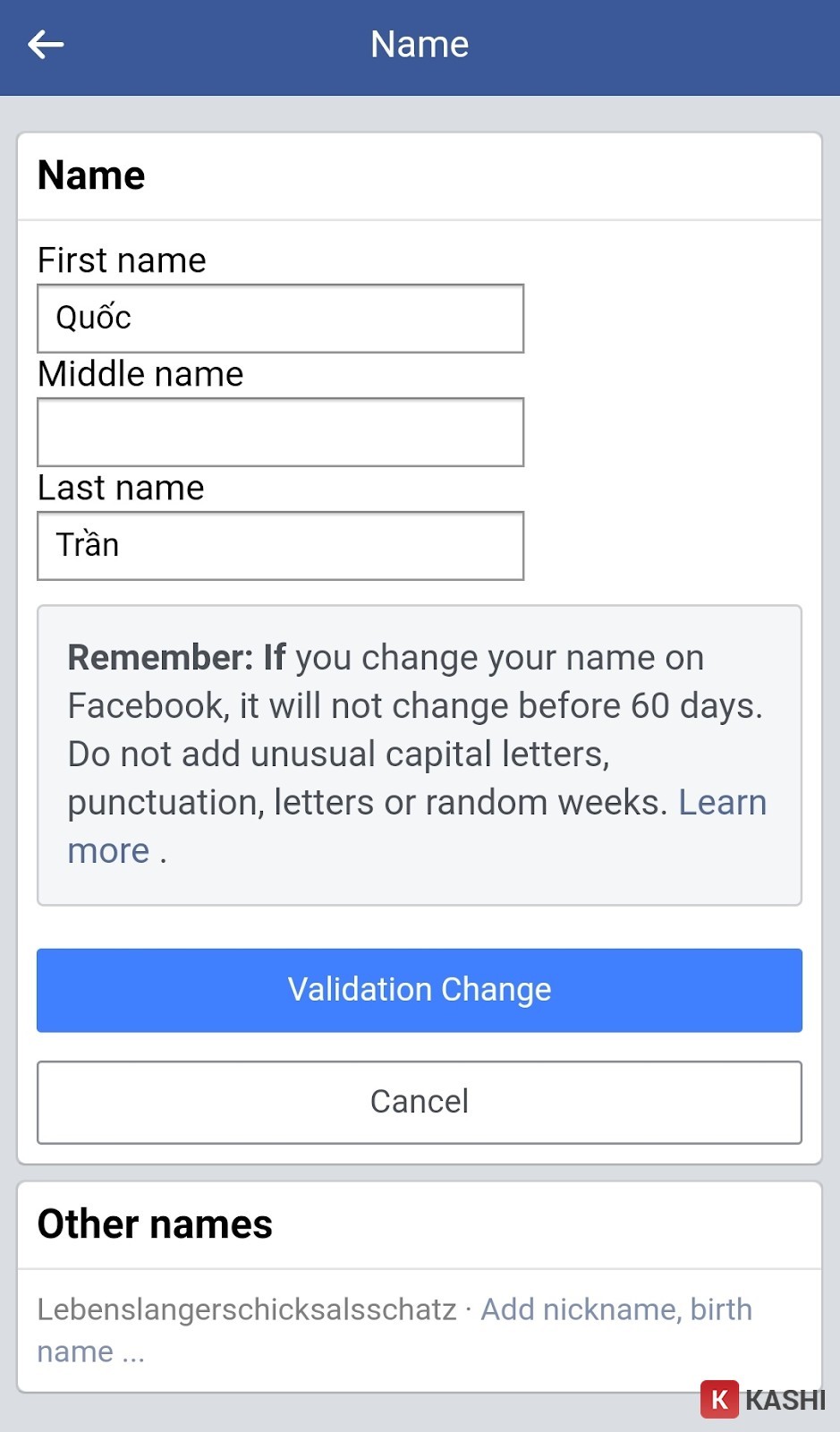 Xác nhận thay đổi tên Facebook một chữ