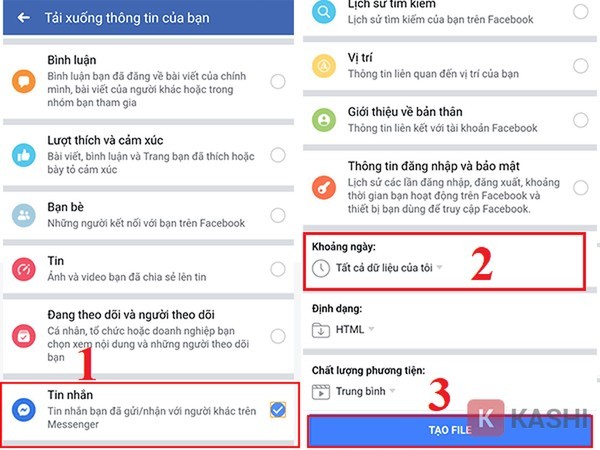 Alt text: Chọn mục Tin và khoảng thời gian để tạo file sao lưu dữ liệu Facebook