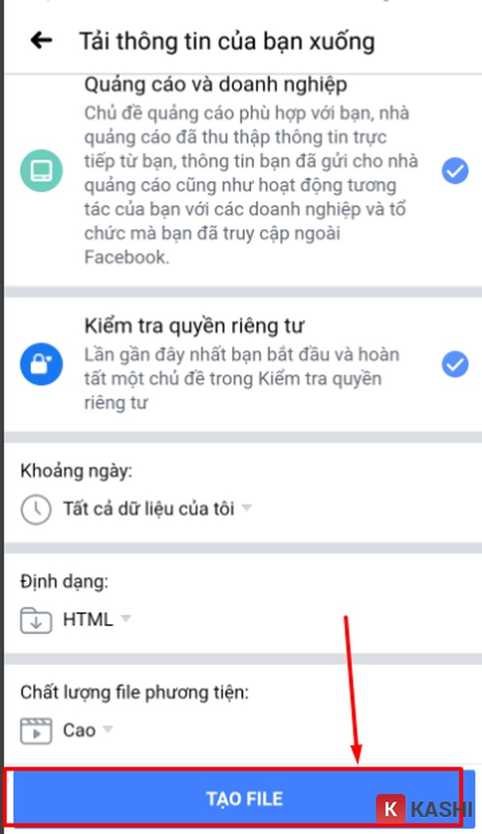Alt text: Tạo file sao lưu dữ liệu Facebook