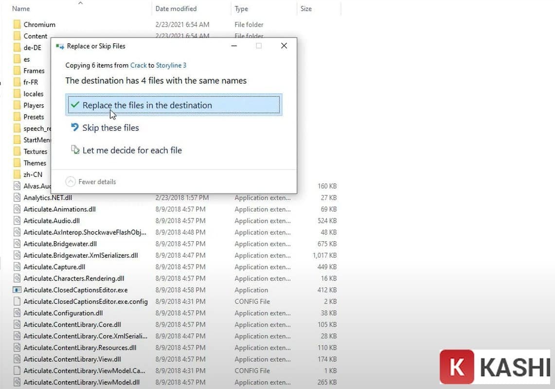 Click chọn “Replace the files in the destination” để chèn thay thế